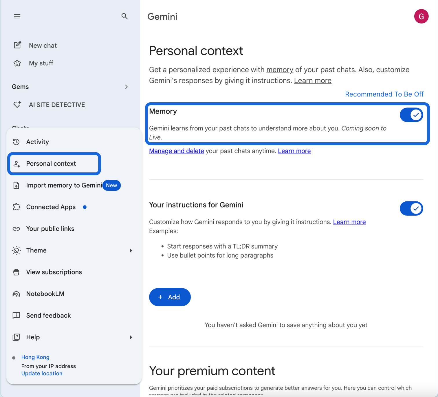 Gemini Personal Context settings showing memory and training options