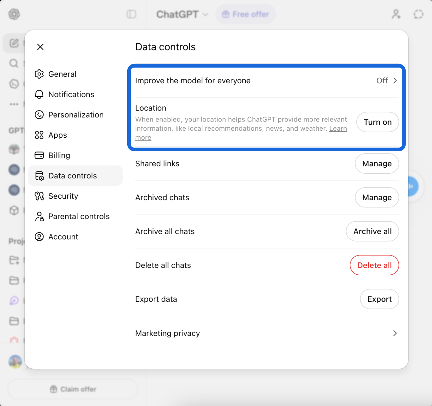 ChatGPT Data Controls settings panel