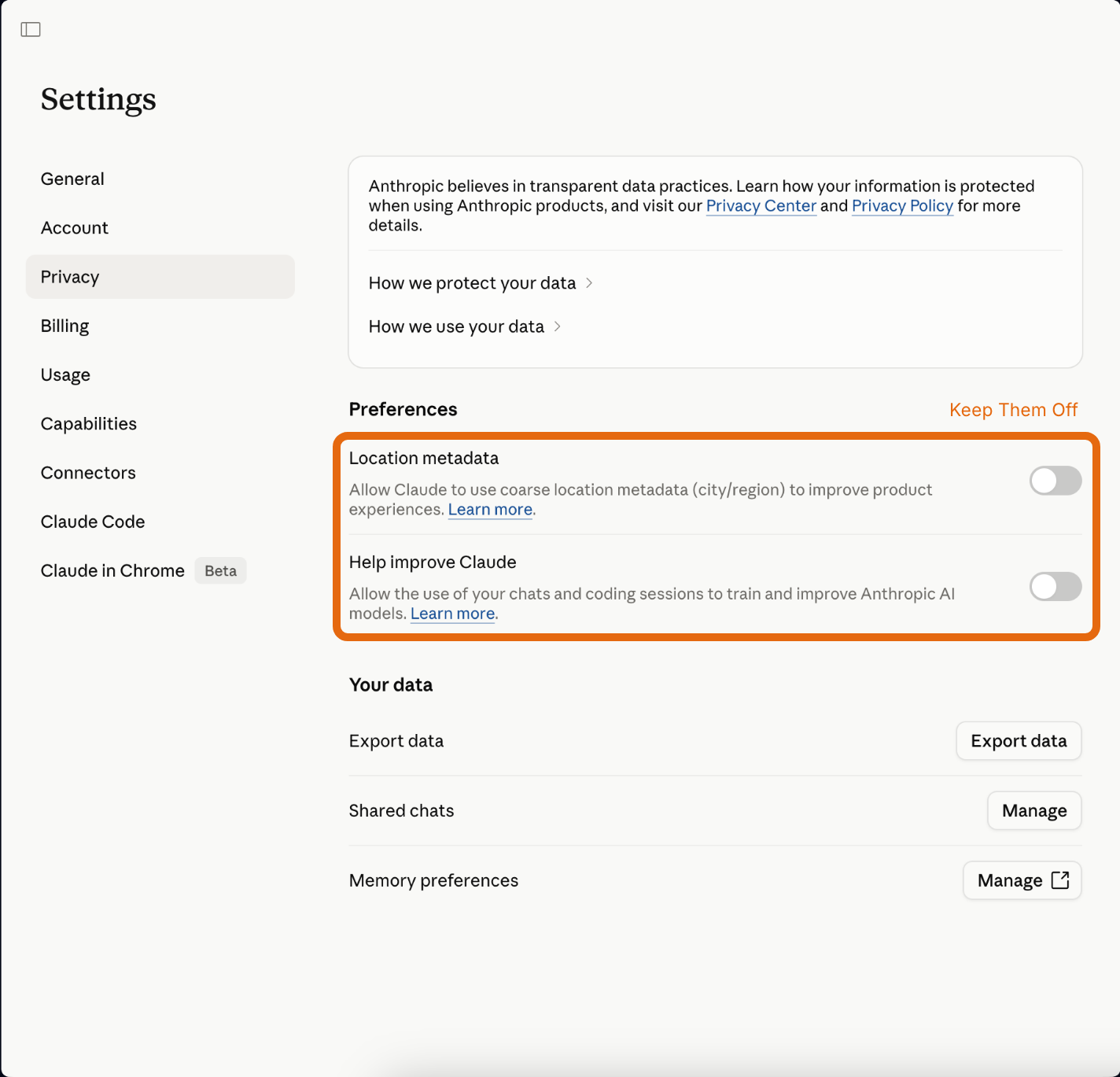 Claude Privacy settings with training toggle