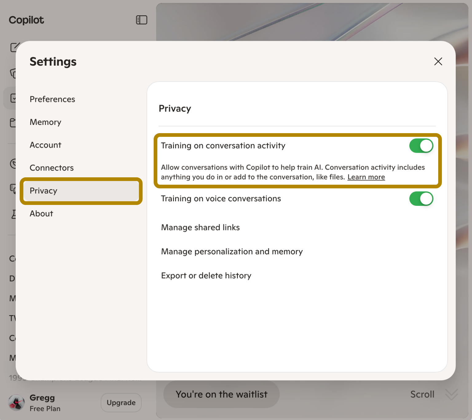 Microsoft Copilot Privacy settings with training toggles